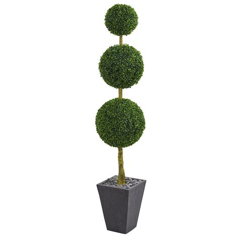 6 boxwood triple ball topiary artificial tree in slate planter indoor outdoor artificial