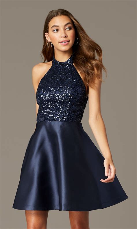 Short Halter Homecoming Dress With Sequin Bodice Halter Homecoming