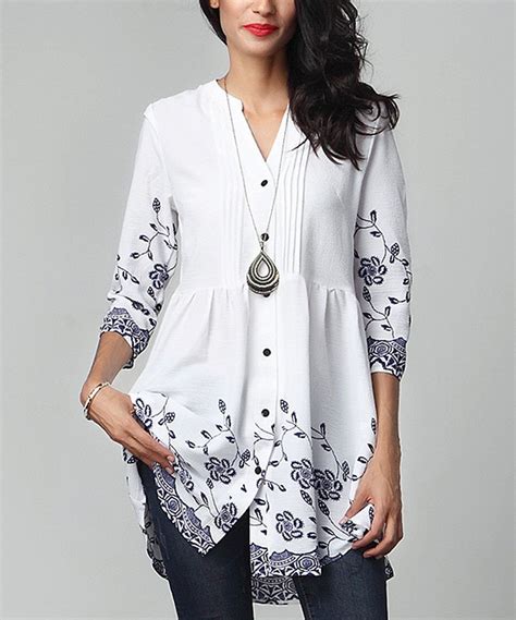 Look At This White Floral Chiffon Button Down Pin Tuck Tunic On Zulily Today Blouse Designs