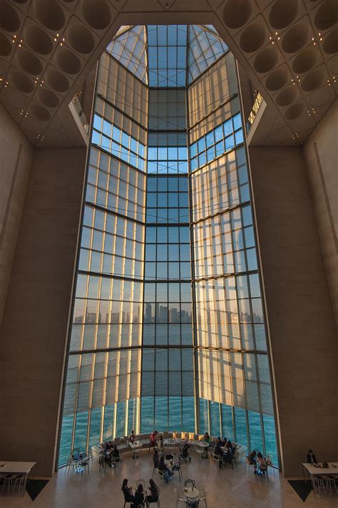 The islamic museum of art is lit red to show solidarity with the palestinian people being forced out of their homes in east jerusale. Photo 1530-22: Grand window of Museum of Islamic Art, view ...