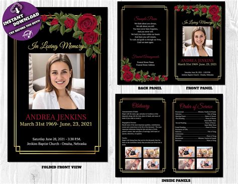 Red Black And Gold Design Editable Funeral Program Template Etsy