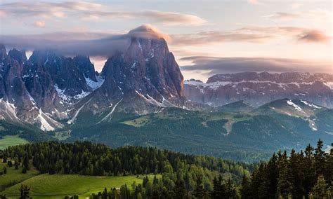 Alps Mountain Sunset Forest Clouds Italy Snowy Peak Trees Grass Green Nature Landscape Wallpaper