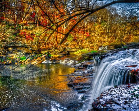 Beautiful Cascading Waterfall Fall River Forest Tree With Red Leaves