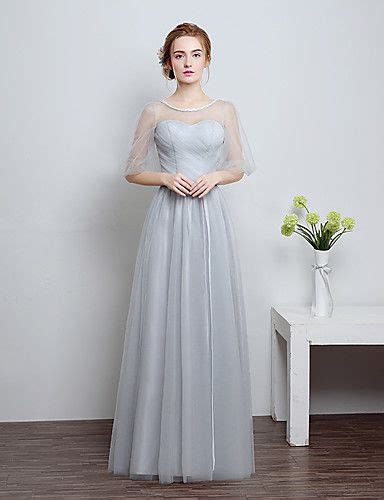 Long Floor Length Satin Tulle Bridesmaid Dress Sheath Column Scoop With