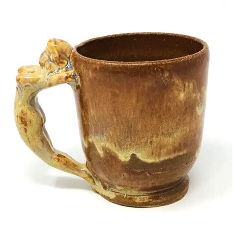 Studio Pottery Mug Nude Lady Handle Naked Woman Brown Drip Glaze Art