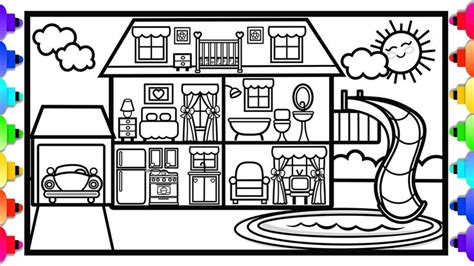 How To Draw A House With A Swimming Pool And A Slide 💦🌈🏡 House Coloring