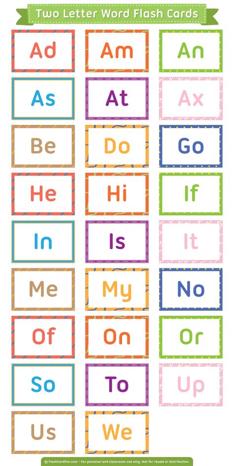 Two Letter Word Flash Cards With Different Colors