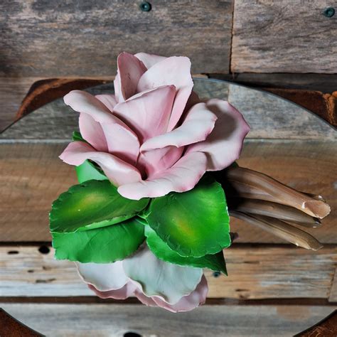 Capodimonte Porcelain Pink Rose On Leaf And Stem Plates