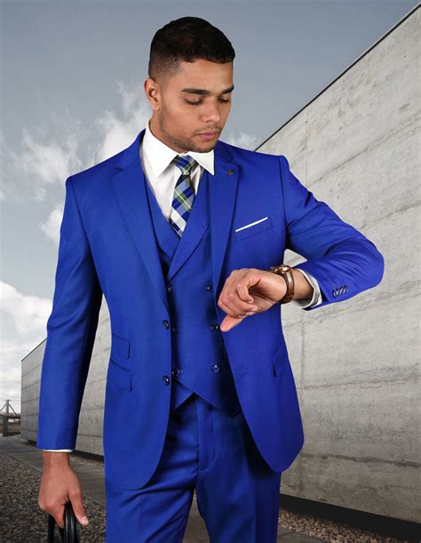 statement royal blue 3pc 2 button solid color mens suit with double breasted vest super 180 s