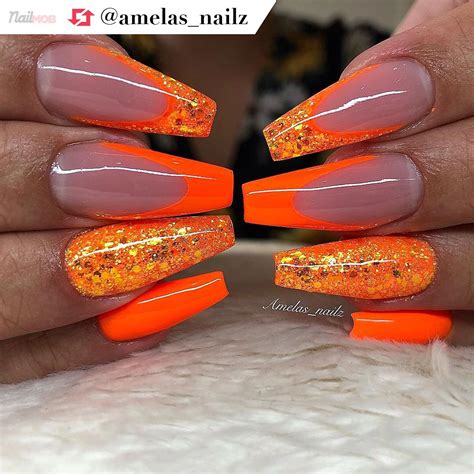 Gorgeous Neon Orange Coffin Nails And Glitter Details By Amelasnailz