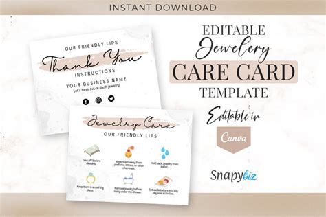 Editable Jewelry Care Card Template Printable Care Card