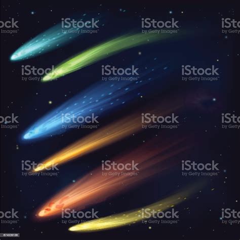 Different Meteors Comets And Fireballs Set In Galaxy Space Stock