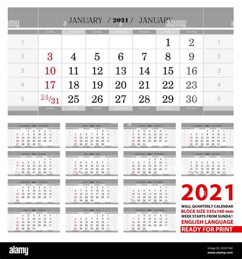 2021 Calendario Mural En Inglés La Semana Comienza El Domingo Calendario Vectorial Imagen