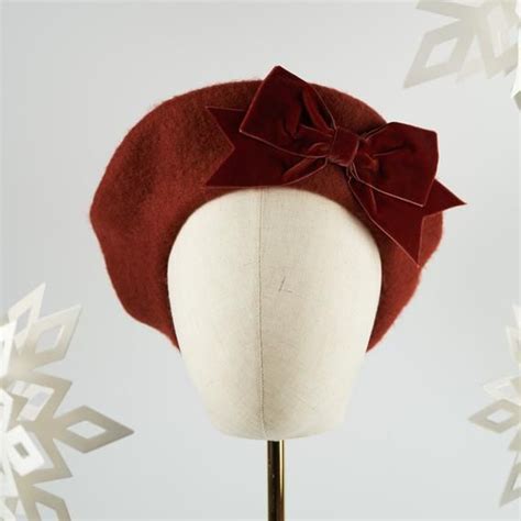 Russet Red Wool Felt Beret Hat With Russet Velvet Ribbon Bow Etsy In 2021 Red Beret Beret