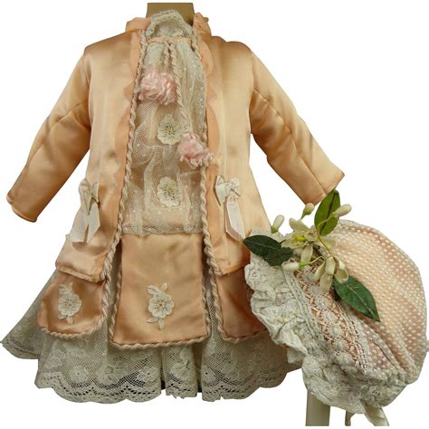 Exquisite French Silk Salmon Pink Antique Dolls One Piece Couturier