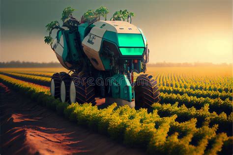 Autonomous Tractor Working In Field Created With Generative Ai Stock