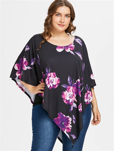 Wipalo Plus Size Floral Cape Overlay Shirt Summer Top Women O Neck 34