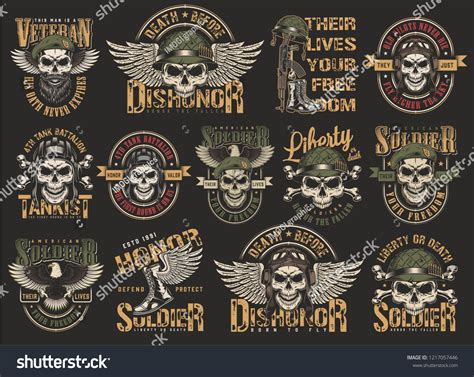 Vintage Colorful Military Emblems Set Skulls Stock Vector Royalty Free