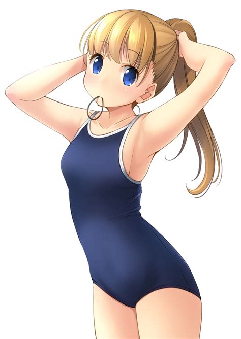 safebooru 1girl armpits arms up blonde hair blue eyes blue swimsuit collarbone commentary