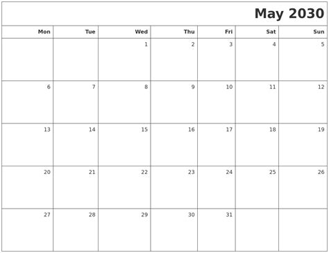 May 2030 Printable Blank Calendar