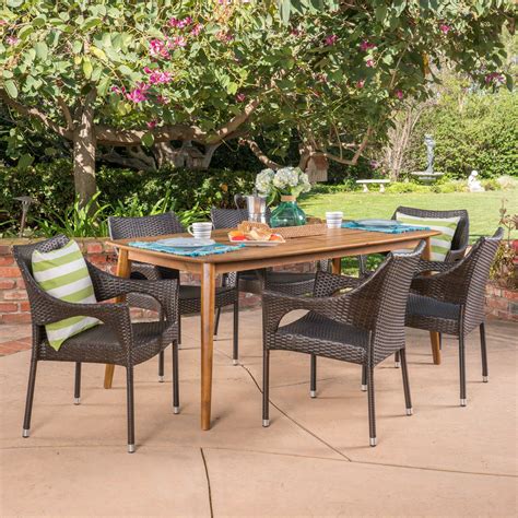 Kado Outdoor 7 Piece Multibrown Wicker Dining Set With Teak Finish