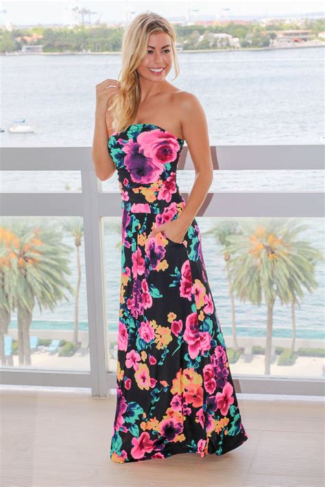 Black And Hot Pink Floral Strapless Maxi Dress Maxi Dresses Saved