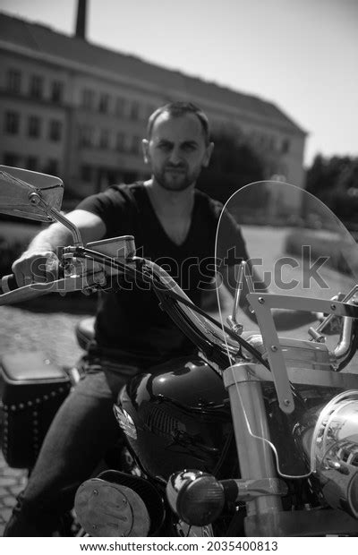 Handsome Bearded Biker Classic Black Motorcycle Stock Photo 2035400813