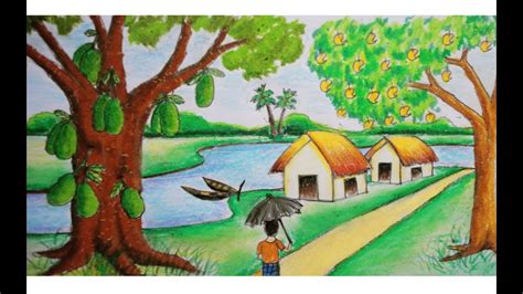 How to draw tree step by step/mango tree drawing with oil pastel colour for beginners/. How to draw a summer scenery (jackfruit and mango tree) II ...