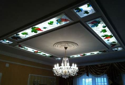 Beautiful and elegant decorative glass ceilings of sophisticated design and craftsmanship create an inspiring space providing ambient lighting to the interior. gypsum board false ceiling with stained glass panels A ...