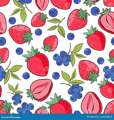 Seamless Pattern Of Strawberry And Blueberry On White Background