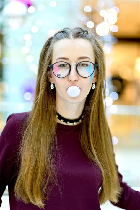 Pink Girl Blowing Big Bubble With Copyspace Stock Image Image Of