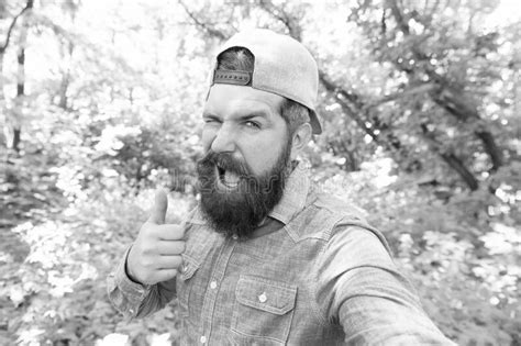 Happy Mature Bearded Man With Beard Make Selfie Photo In Summer Forest