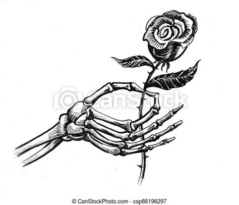 Skeleton Hand And Rose Ink Black And White Drawing Of A Skeleton Hand