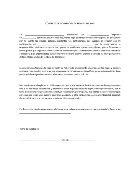 Contrato De Exoneracion De Responsabilidad Contrato De ExoneraciÓn De
