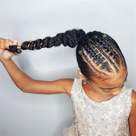 Braids are top choice hairstyles for girls that prefer nice little twists over natural hairstyles. Faux stitch braids ponytail- hairstyles for curly little ...