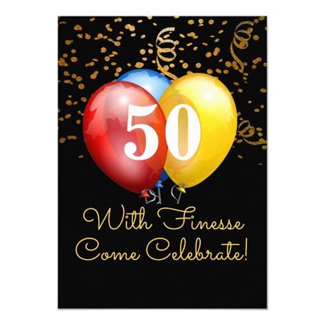 50 With Finesse Confetti And Balloons Black Birthday Invitation Zazzle