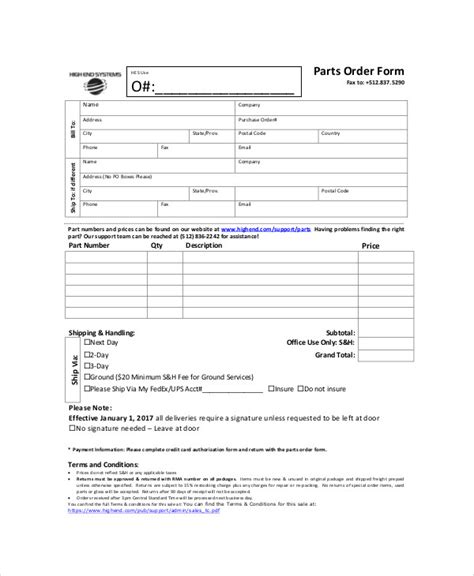 Free 11 Sample Parts Order Forms In Ms Word Pdf