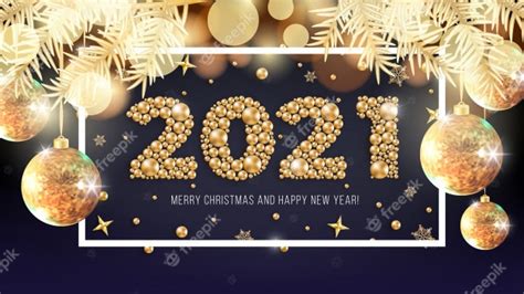 happy new year 2021 and merry christmas greeting card design with numbers of gold beads golden