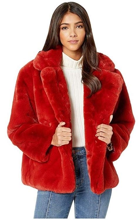 Red Faux Fur Womens Coat With Lapels Red Faux Fur Coat Womens Faux