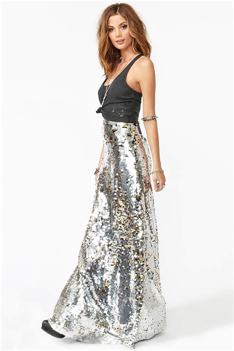 Nasty Gal Gina Sequin Maxi Skirt In Silver Metallic Lyst