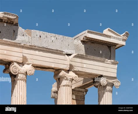 Detail Of Ionic Columns And Frieze Classical Greek Architecture Of The