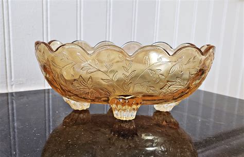 Jeannette Iridescent Floragold Louisa Glass Small Oval Footed Nut Dish Candy Dish Vintage