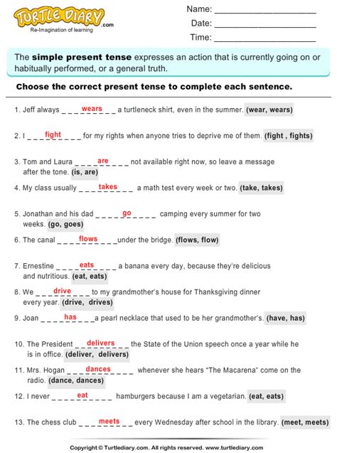 Complete Sentences By Choosing Correct Present Tense Of Verb Worksheet