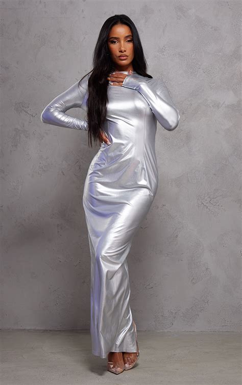 The Silver Metallic Pu Long Sleeve Maxi Dress Prettylittlething Aus