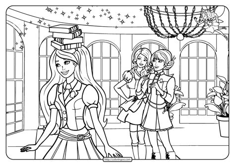 Barbie on a stool in the summer. Printable Barbie Princess Charm School Coloring Page