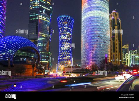 Qatar Doha City New Doha At Night Stock Photo Alamy