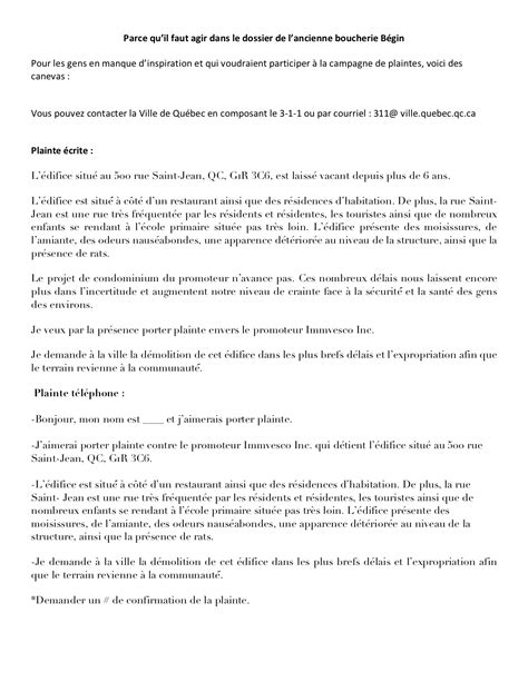 Modèle De Plainte écrite Et Téléphonique Campagne Bégin Comité