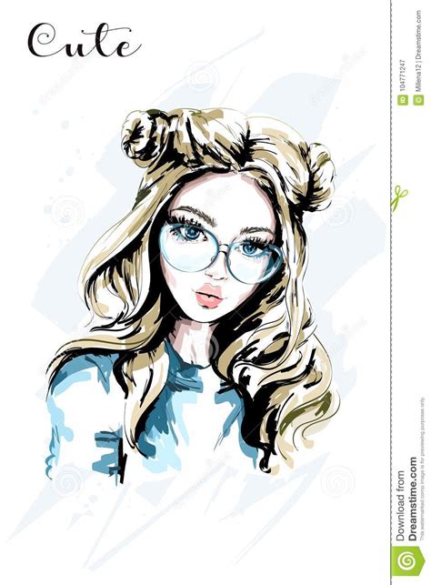 Create digital artwork to share online and export to popular image formats jpeg, png, svg, and pdf. Hand Drawn Beautiful Young Woman In Sunglasses. Cute Girl ...