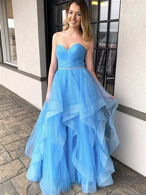 Lp1373sweetheart Blue Tulle Strapless Ruffles Long Prom Dress Evening