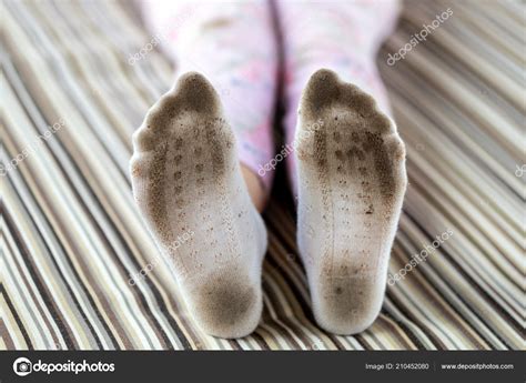 Pair Child Feet Dirty Stained White Socks Kid Soiled Socks — Stock